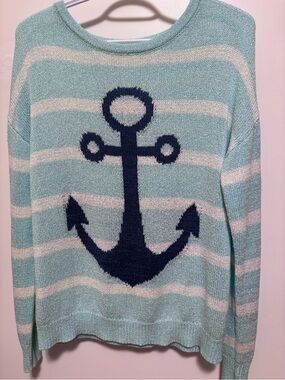 Mia & Tess lightweight knit sweater light aqua/ cream blue anchor S oversized